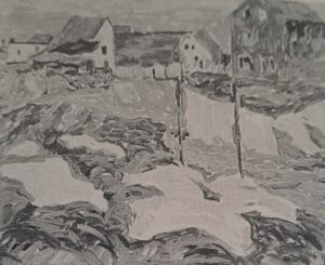 Wäsche auf der Leine vor Häusern, um 1913