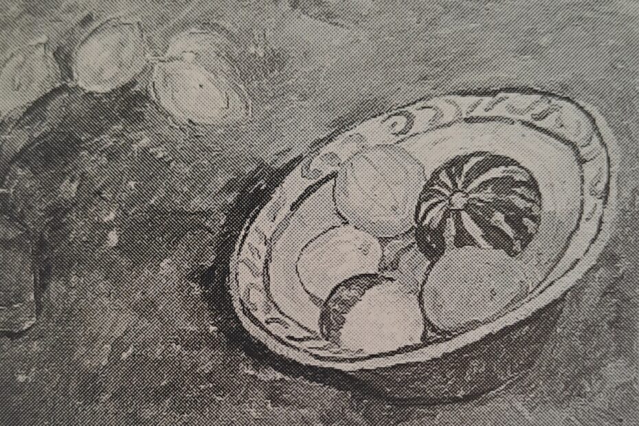 Schüssel mit Zierkürbissen, um 1915