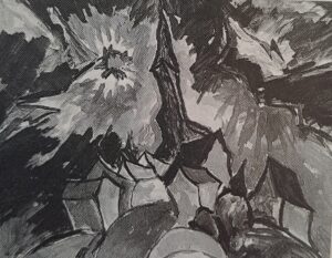 Sonne über buntem Dorf, um 1920