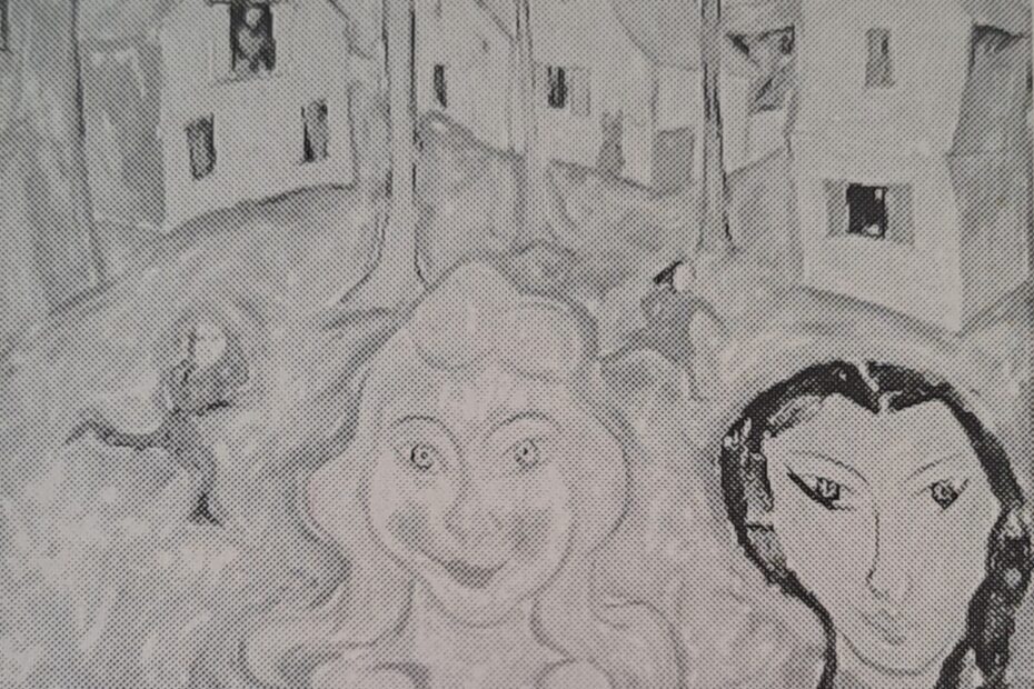Kinder vor Häusern, um 1920