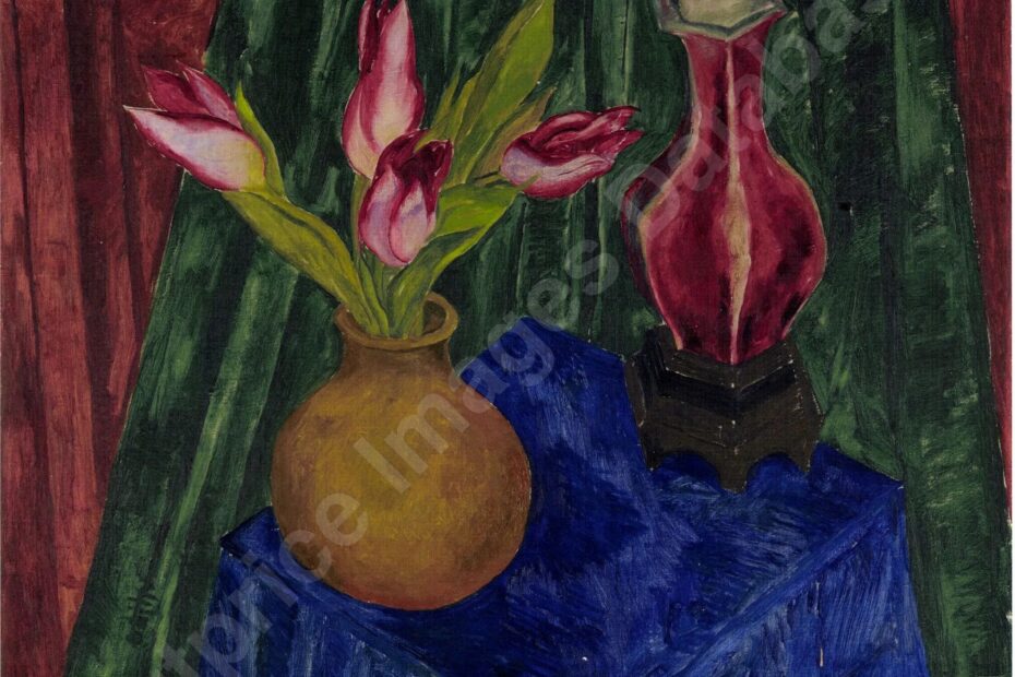 Tulpen-Stilleben mit gelber und roter Vase, um 1918